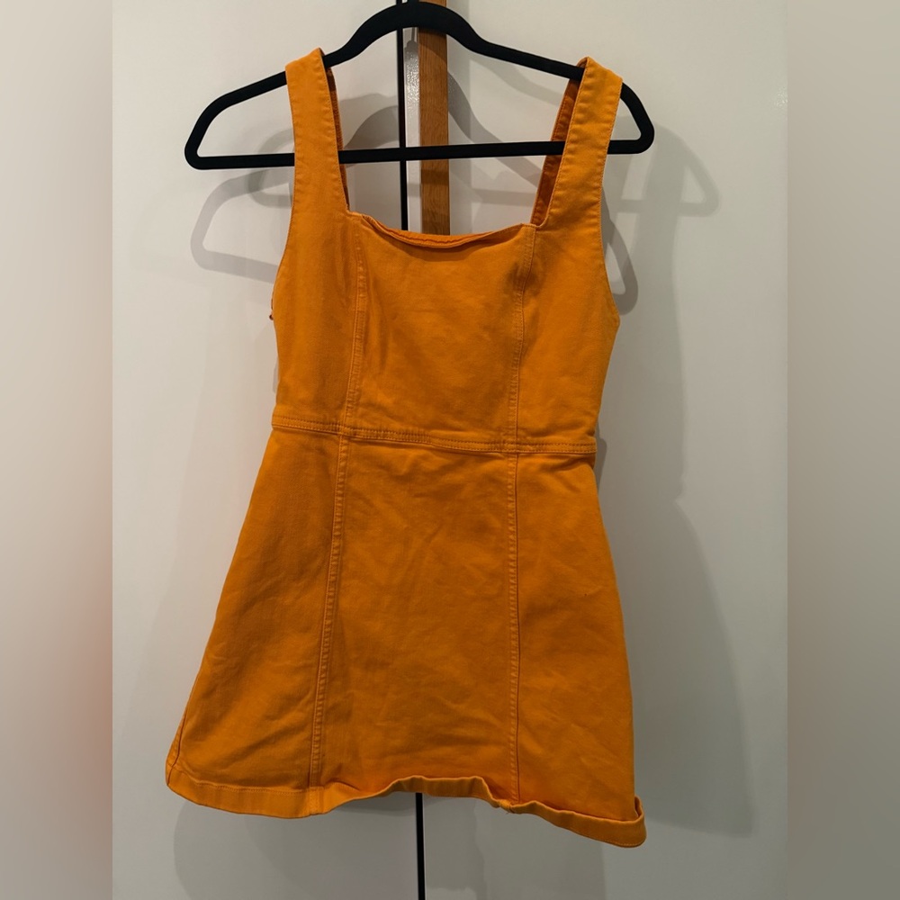 Alice + Olivia Ramsey square neck A-line mini dress in orange stretch denim - Picture 2 of 3